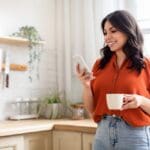 Smiling young woman enjoying her coffee while using her smartphone in a homey kitchen setting